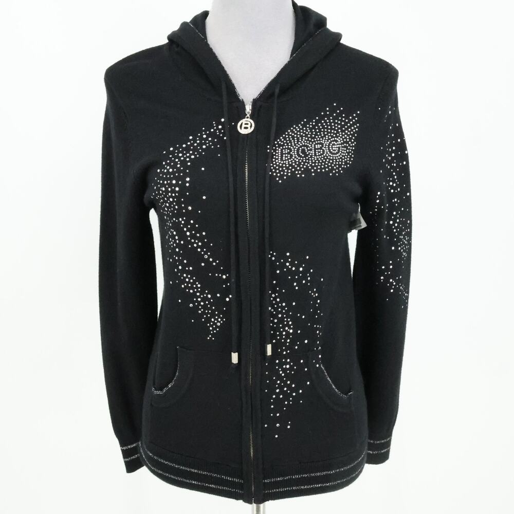 BCBG Max Azria Jacket Juniors Large Black Hooded Pockets Rhinestones Full Zip - Picture 2 of 16